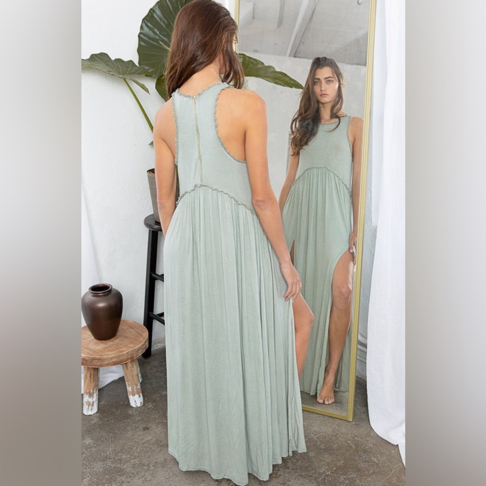 129B. Sleeveless Back Sipper Front Slits Maxi Dress - Sage